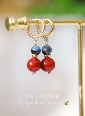 海蓝胭脂 | NanaAnn天然蓝爆闪海蓝宝南红玛瑙耳环女复古红蓝撞色