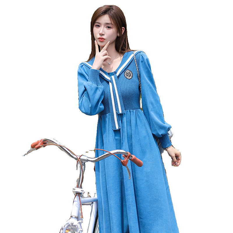 海军风秋装女2025年新款针织拼接垂坠感连衣裙长袖显身材法式裙子
