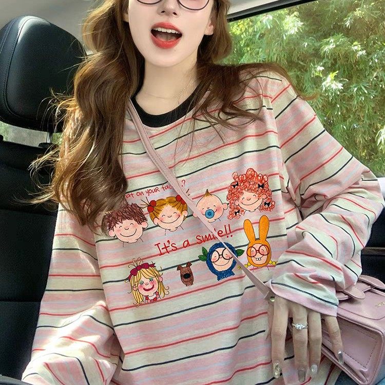 韩系软糯撞色条纹小狗刺绣圆领长袖T恤女春秋修身打底针织上衣潮