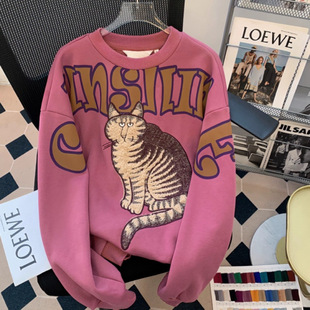 炸街港味个性猫咪涂鸦卫衣秋冬气质时髦宽松百搭情侣超酷上衣