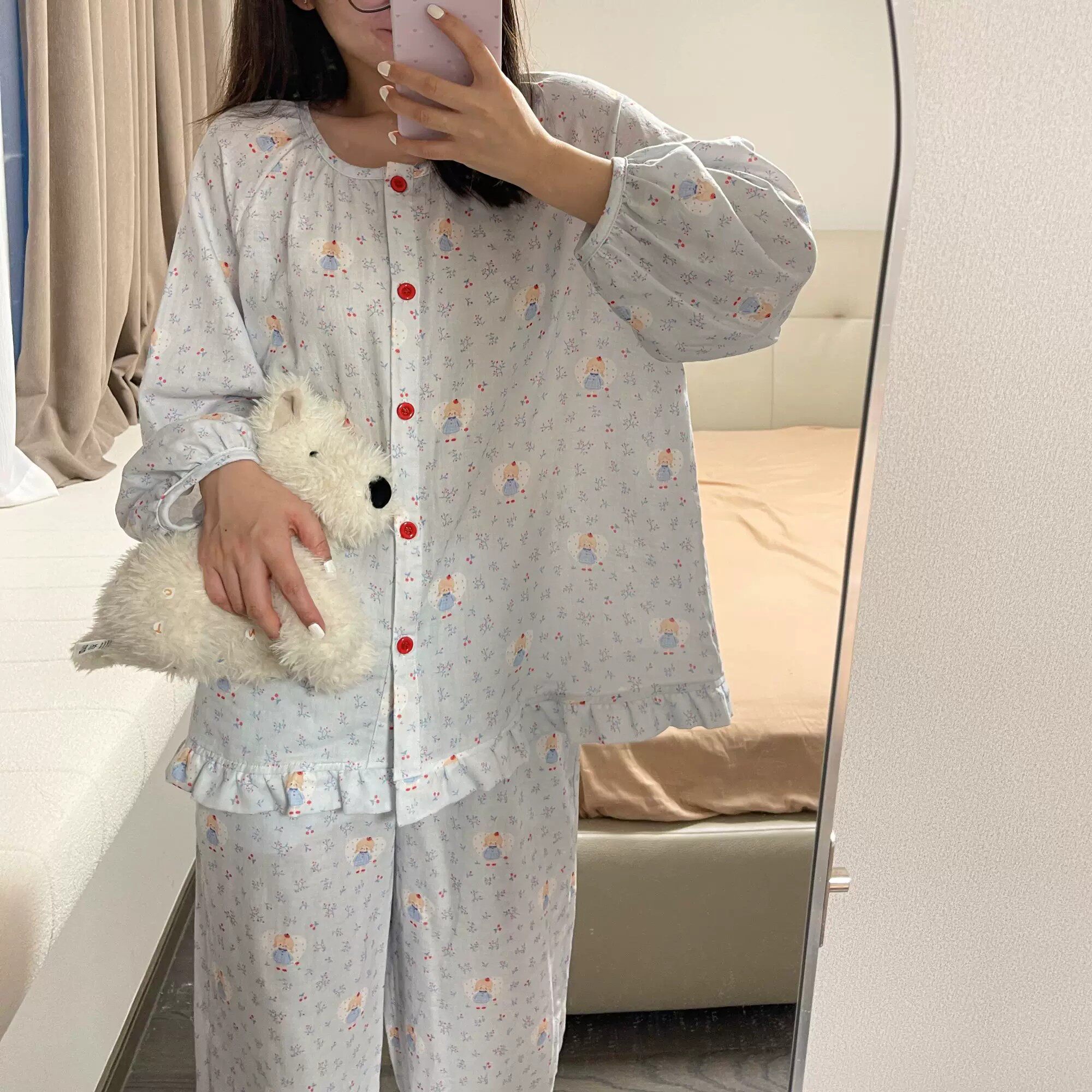禾昊睡衣女2026秋新款圆领花边长袖长裤纯棉双层纱亲肤透气可外穿