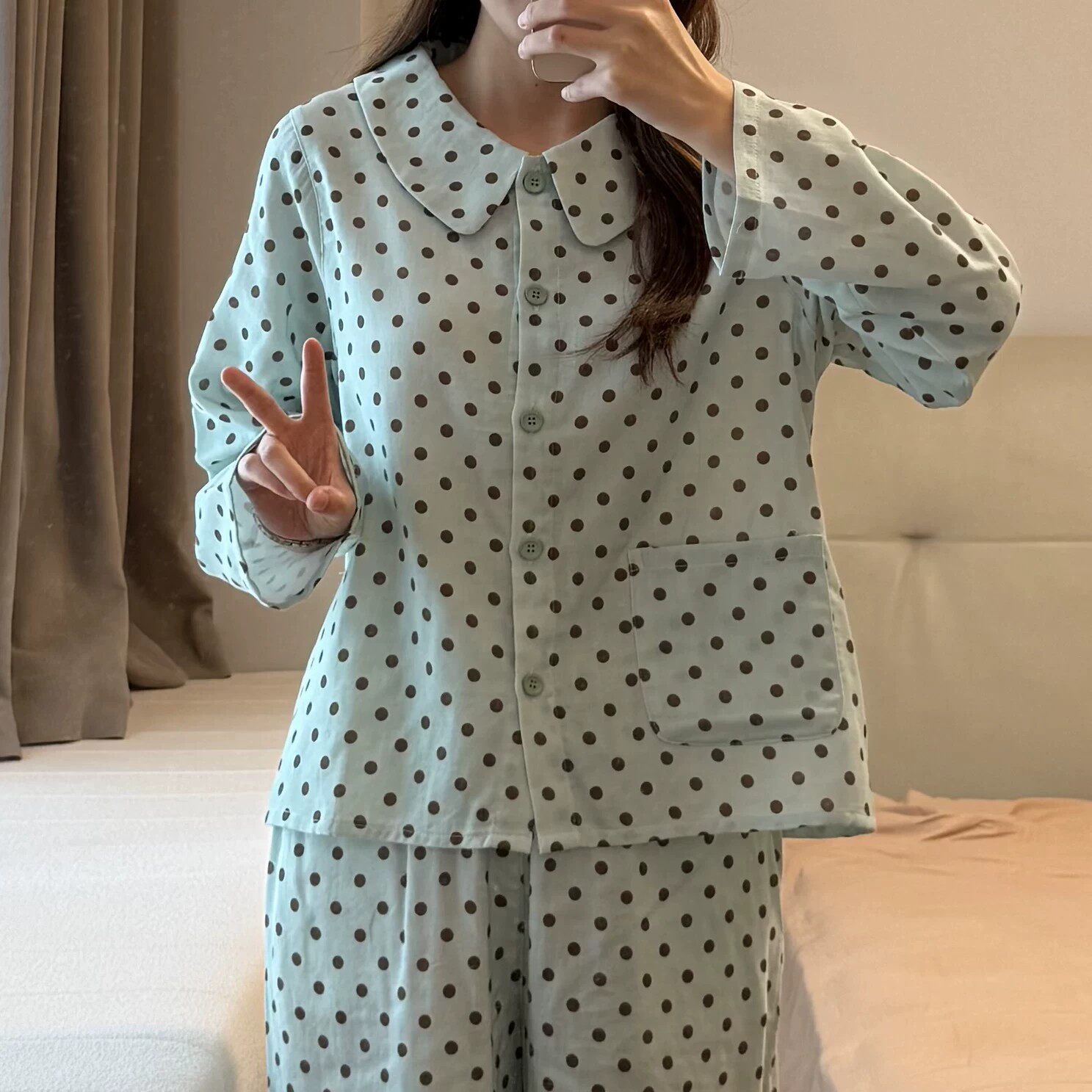 禾昊睡衣女2026秋波点系列翻领长袖长裤纯棉双层纱居家睡衣可外穿