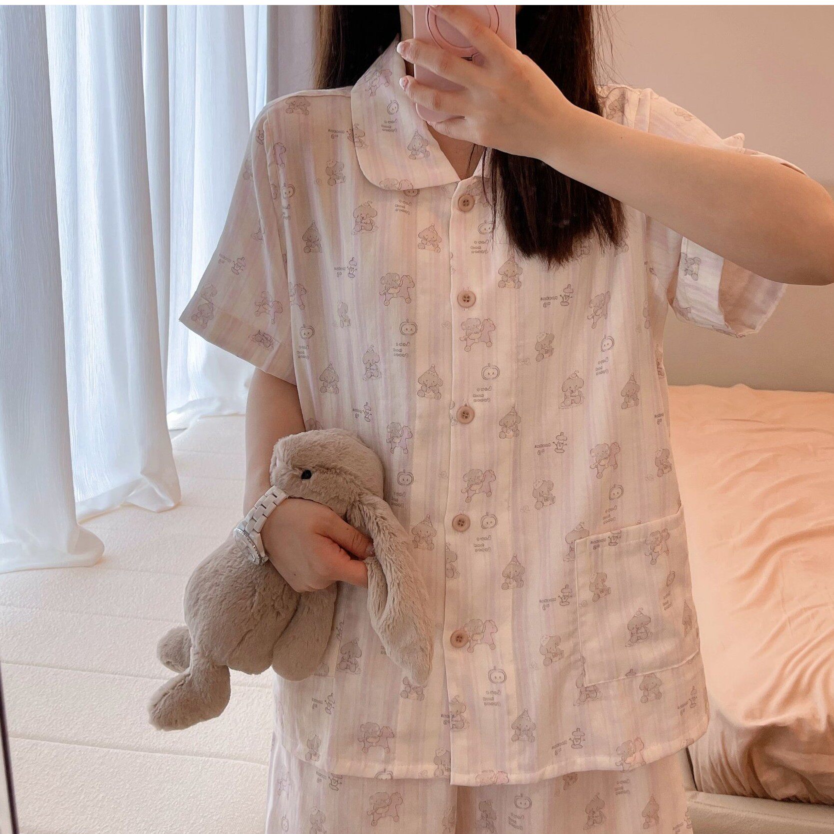 禾昊HohowHome短袖长裤翻领双层纱纯棉套装全棉精梳棉睡衣居家服