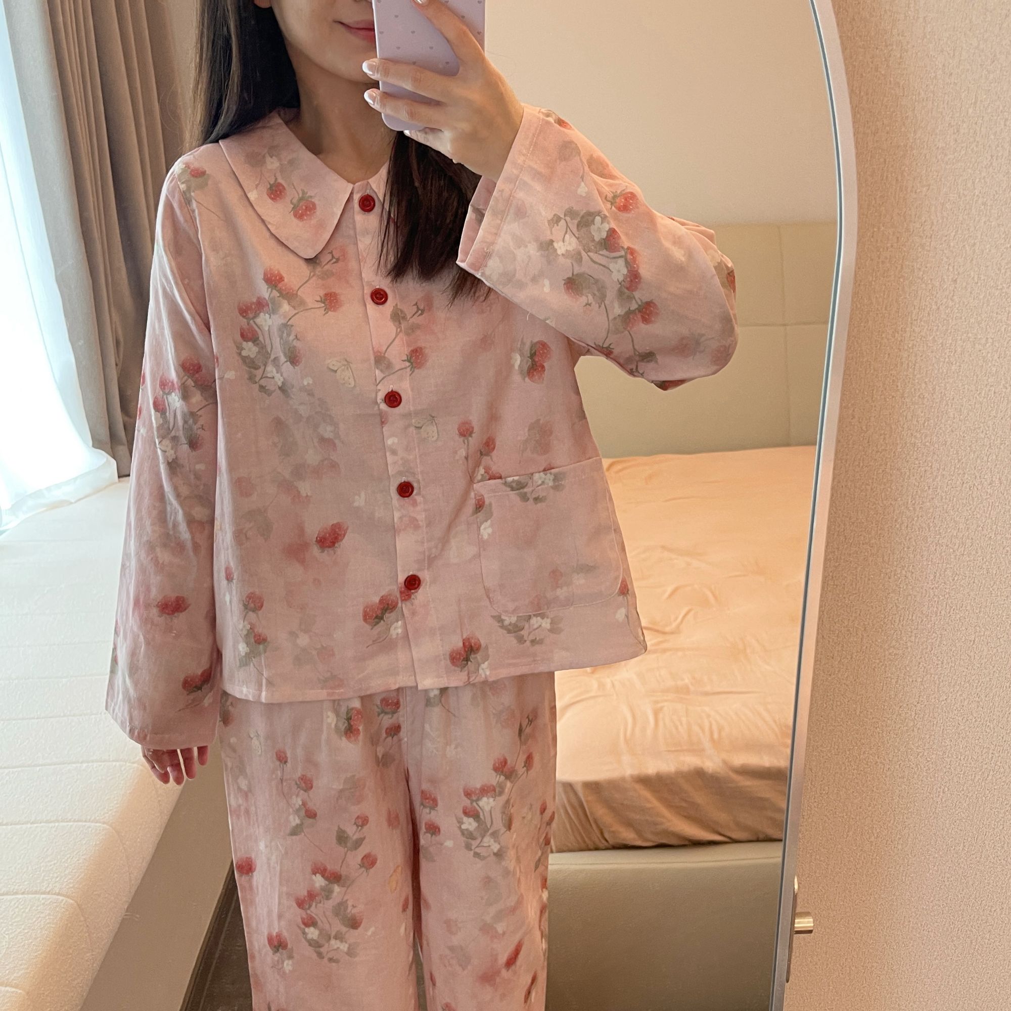 禾昊HohowHome翻领长袖长裤纯棉双层纱亲肤透气居家睡衣女可外穿