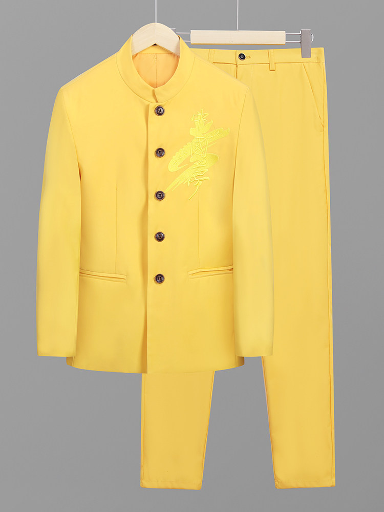 SPRING AND AUTUMN NEW TUNIC SUIT SUIT MENS STAND COLLAR CASUAL PLUS SIZE CHINESE DREAM EMBROIDERY SUIT TWO-PIECE SUIT