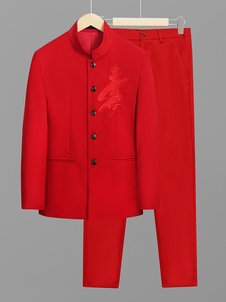 SPRING AND AUTUMN NEW TUNIC SUIT SUIT MENS STAND COLLAR CASUAL PLUS SIZE CHINESE DREAM EMBROIDERY SUIT TWO-PIECE SUIT