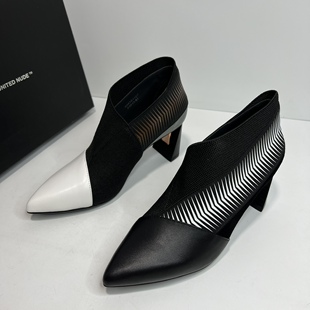商场品牌断码撤柜真皮女靴春秋拼色尖头小牛皮时装高跟箭头时装靴