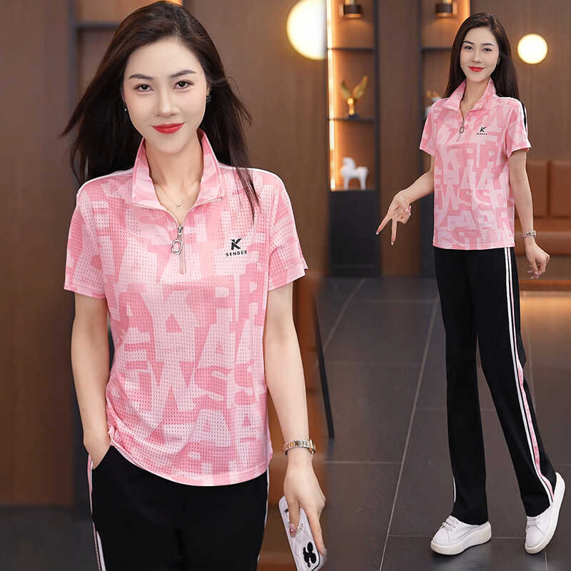 运动服套装夏季女2025款洋气妈妈时尚短袖印花休闲跑步服卫衣套装
