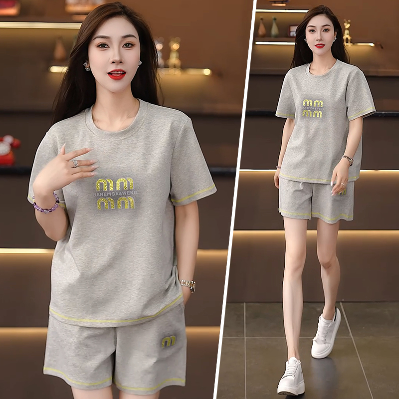 休闲运动套装女2025夏季新款时尚百搭短裤短袖圆领烫钻字母两件套