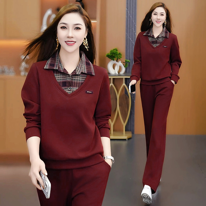 2025春装高级感格子拼接上衣中老年人运动服套装女春秋妈妈两件套