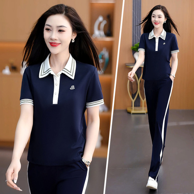 阔腿裤运动套装女夏季polo衫短袖休闲两件套时尚洋气妈妈冰丝薄款