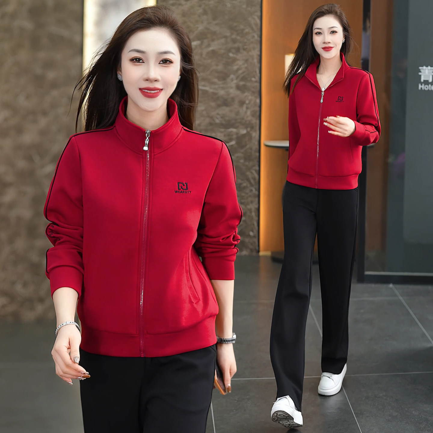 时尚运动套装女春秋新款立领拉链两件套中年妈妈装洋气减龄休闲服