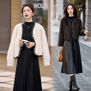 皮毛一体仿水貂毛厚外套女冬2025新款小个子短款环保皮草毛绒上衣