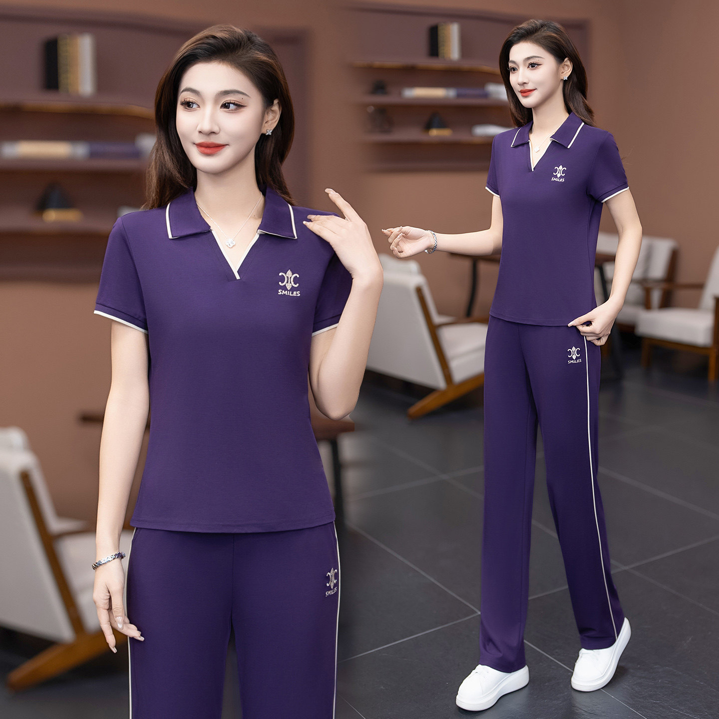 2026新款冰丝运动套装女夏季翻领短袖长裤时尚显瘦休闲跑步两件套