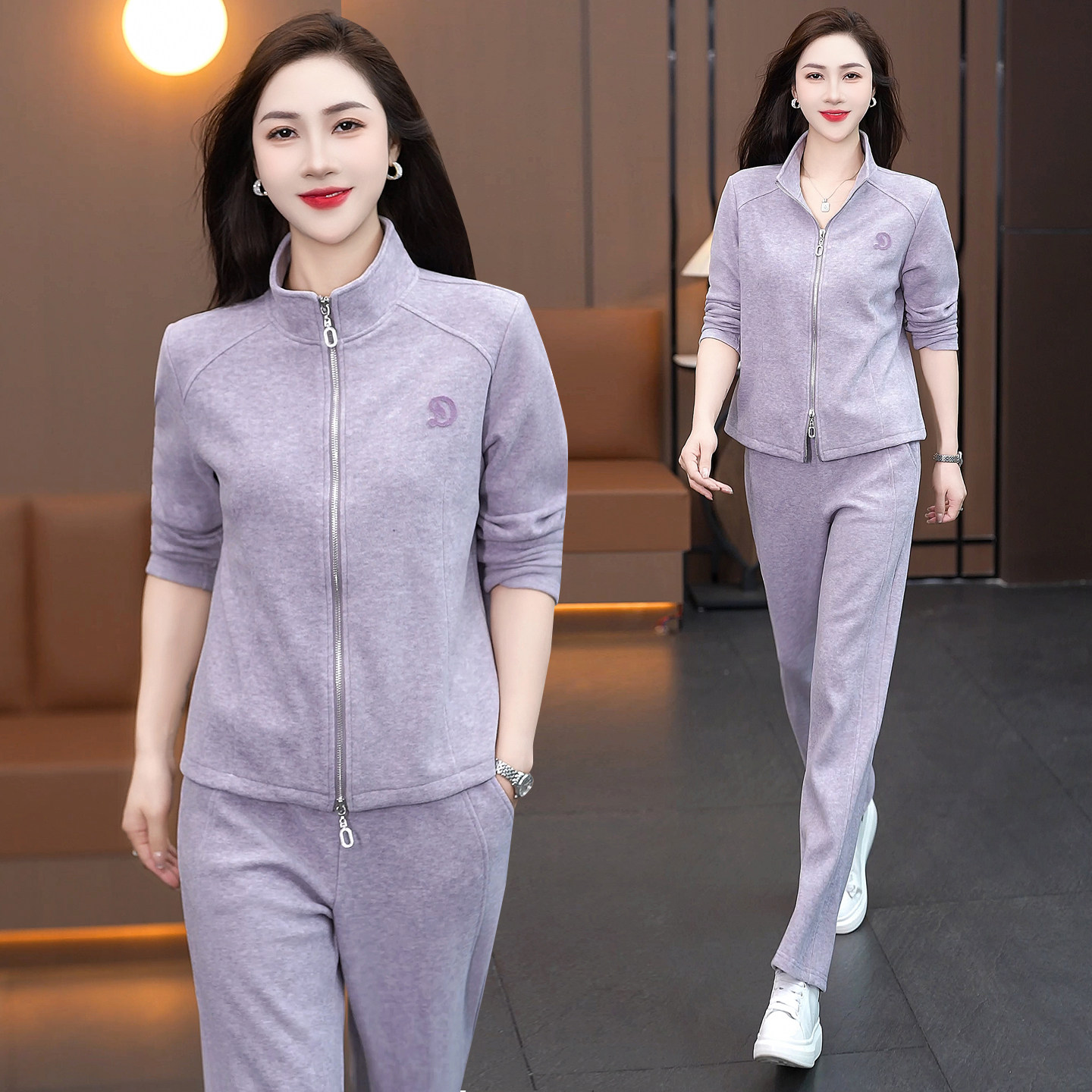 运动套装女2026新款春秋时尚减龄卫衣跑步外套显瘦运动服整套立领