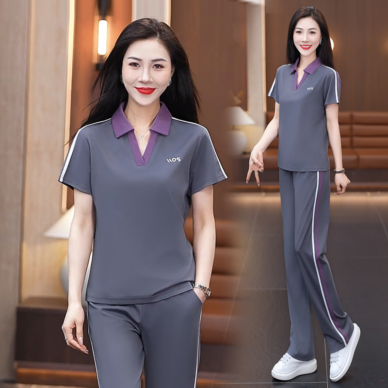 运动套装女夏季跑步2025新款翻领短袖时髦大码宽松妈妈休闲两件套