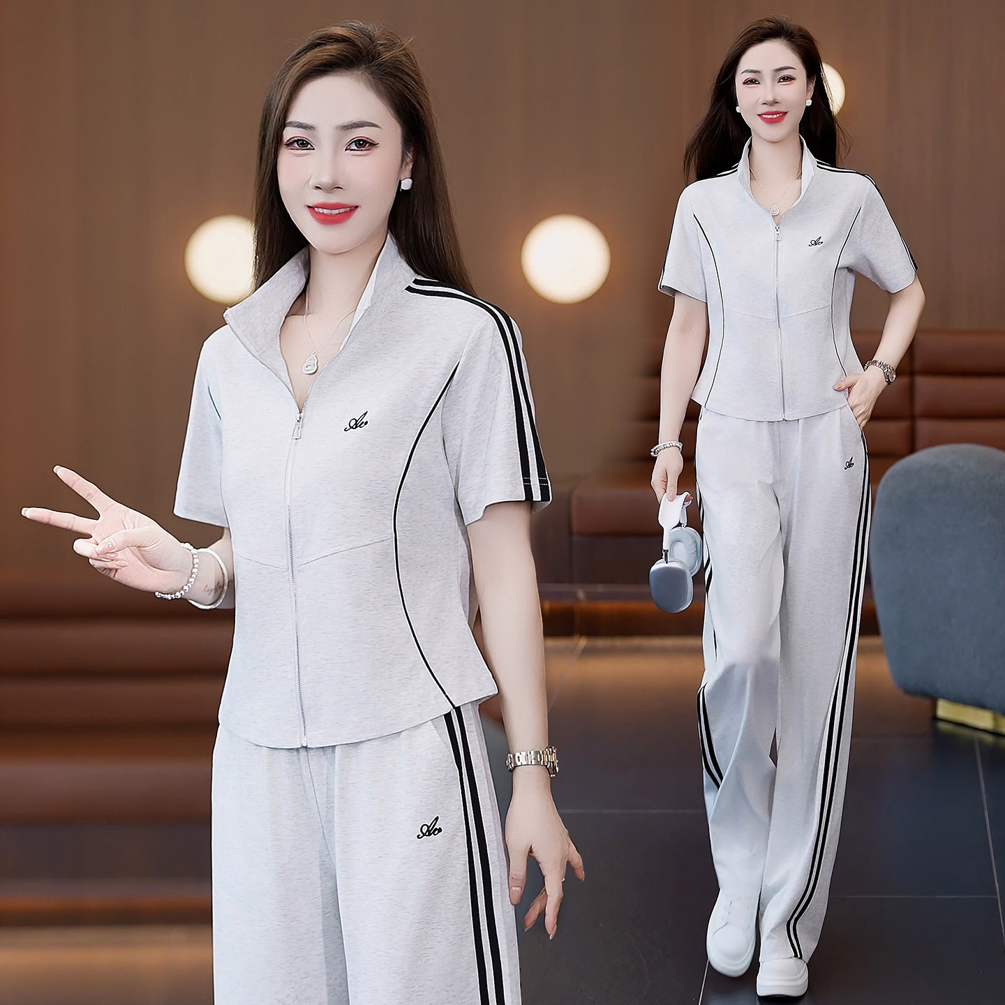 2026夏季新款运动套装女拉链开衫短袖休闲两件套显瘦时尚立领长裤