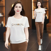 新款 上衣阔腿裤 时尚 女洋气减龄短袖 休闲运动套装 宽松圆领2025夏季