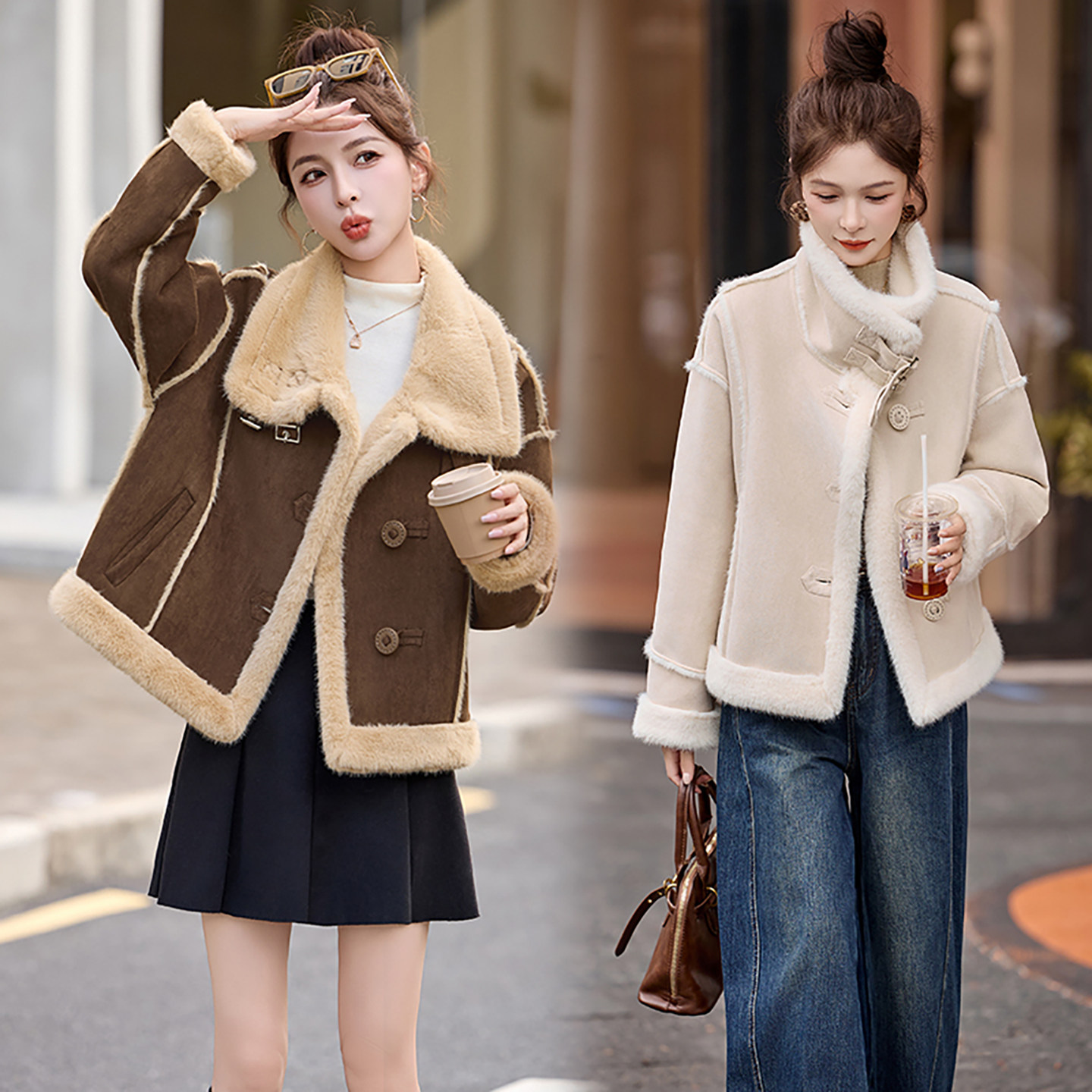 皮毛一体加厚麂皮绒外套女冬2025新款保暖短款仿羊羔毛机车服上衣