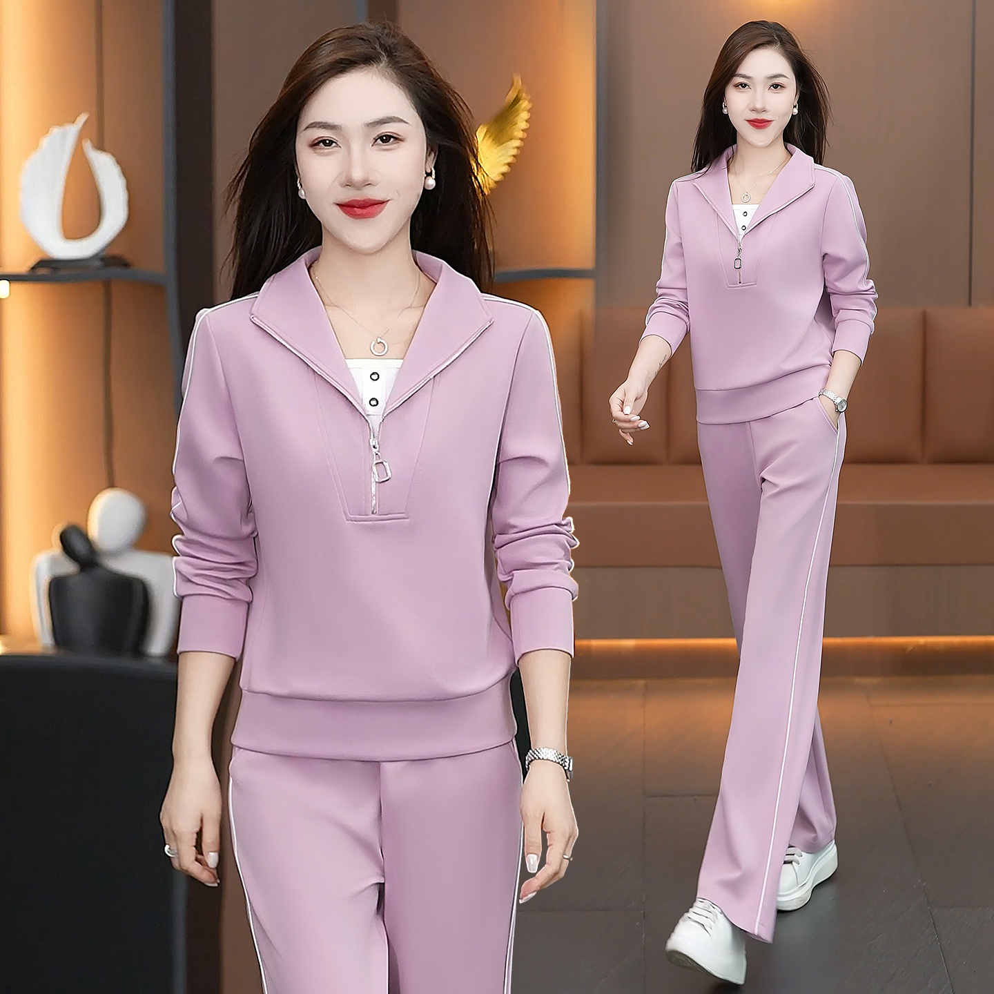 显瘦减龄时尚连帽休闲运动套装女2025春秋纯色长袖卫衣跑步两件套
