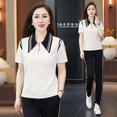 休闲运动套装 长裤 女夏季 洋气减龄气质显瘦短袖 两件套 2025新款 时尚