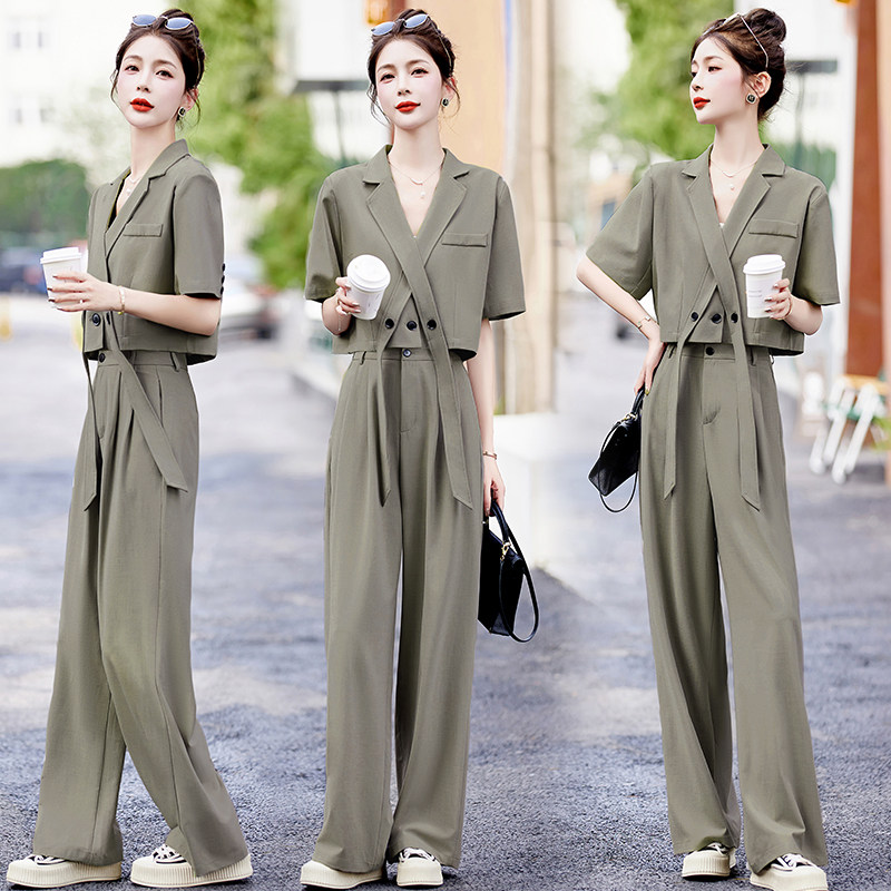 休闲时尚套装女2025夏季新款设计感洋气显瘦阔腿裤西装职业两件套,女装/女士精品,时尚套装,淘宝优惠券,粉丝福利购,淘宝优惠卷