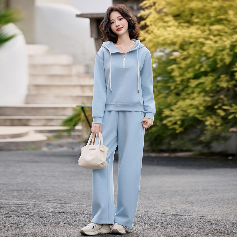 蓝色连帽休闲运动套装女2025新款春装纯色半拉链卫衣阔腿裤两件套