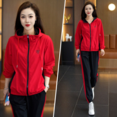 2026新款 女春秋季 连帽宽松拼色卫衣两件套运动服 休闲运动套装 时尚