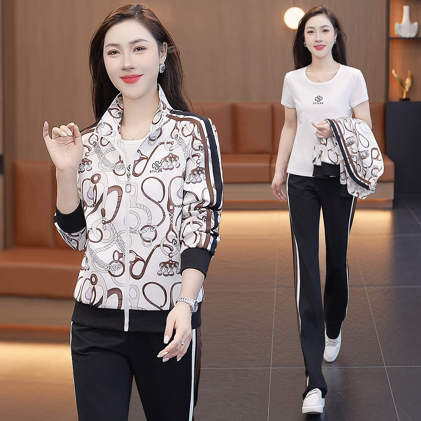 2025新款年轻妈妈装运动服套装女春秋时尚印花大码休闲卫衣三件套