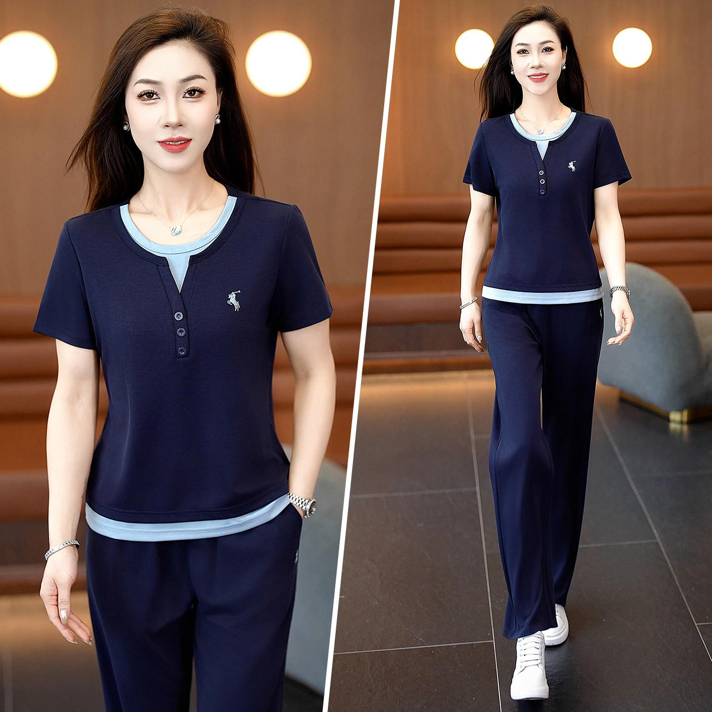 时尚休闲中年妈妈夏装运动服套装2026新款品牌假两件宽松短袖套装