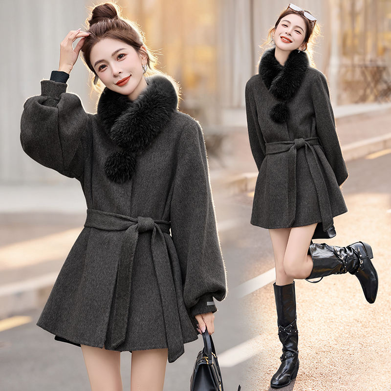 超好看灰色毛呢外套女2025冬新款高级感气质系带收腰显瘦呢子大衣