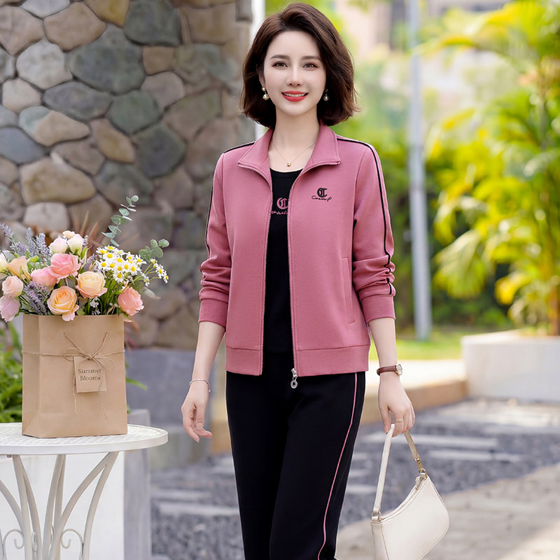 2026春季新款女士休闲运动套装女春秋立领中年妈妈时尚卫衣三件套