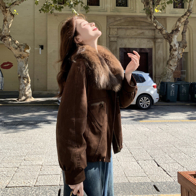 麂皮绒真狐狸毛咖啡色羽绒服外套