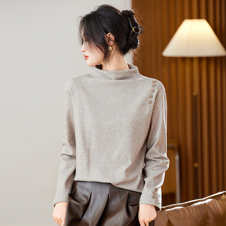 2025新款秋冬半高领磨毛T恤打底衫女装薄绒纯色长袖内搭保暖上衣