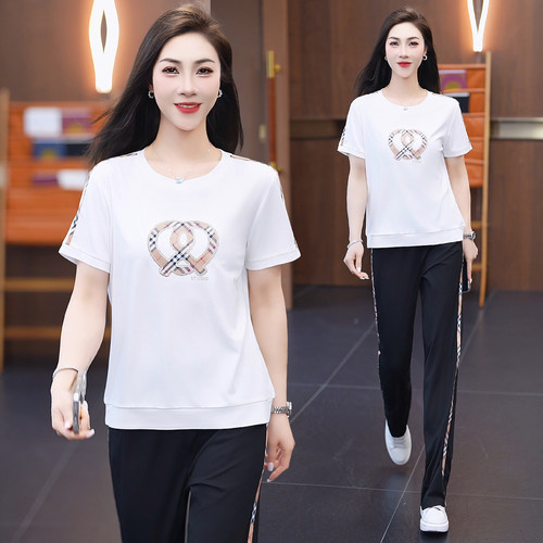 夏季冰丝格纹短袖长裤运动套装女
