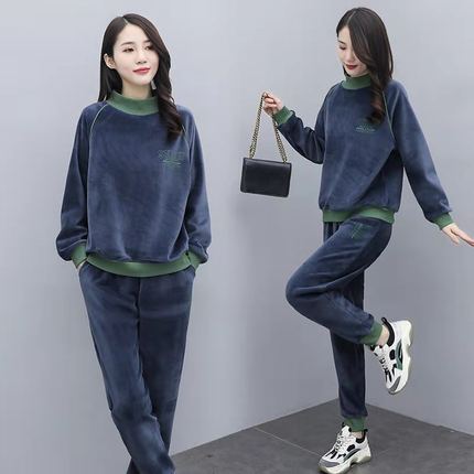 加绒加厚休闲运动套装女秋冬韩版时尚字母宽松金丝绒卫衣两件套潮