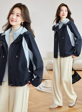 韩版休闲连帽拼色加厚短款棉服女2025冬季新款小个子派克服两件套
