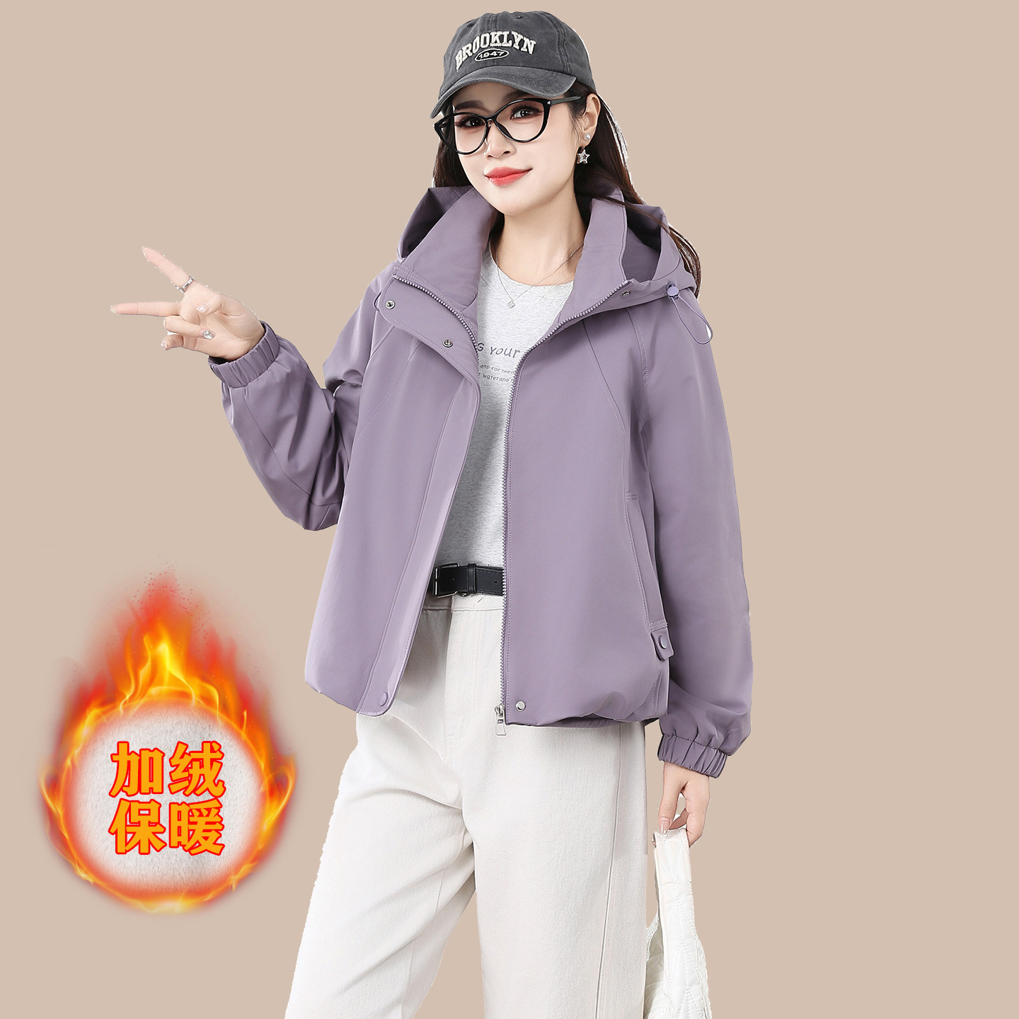 休闲运动连帽加绒外套女新款加厚保暖拉链夹克宽松小个子冬季上衣