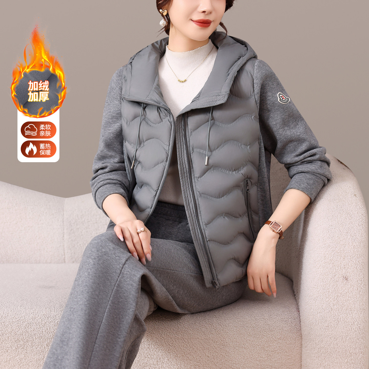连帽运动套装女冬季2026新款加绒加厚休闲两件套中年妈妈宽松保暖