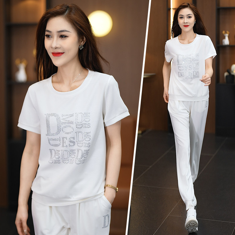 运动套装女夏装2025新款时尚韩国圆领短袖灰色洋气慵懒休闲运动服