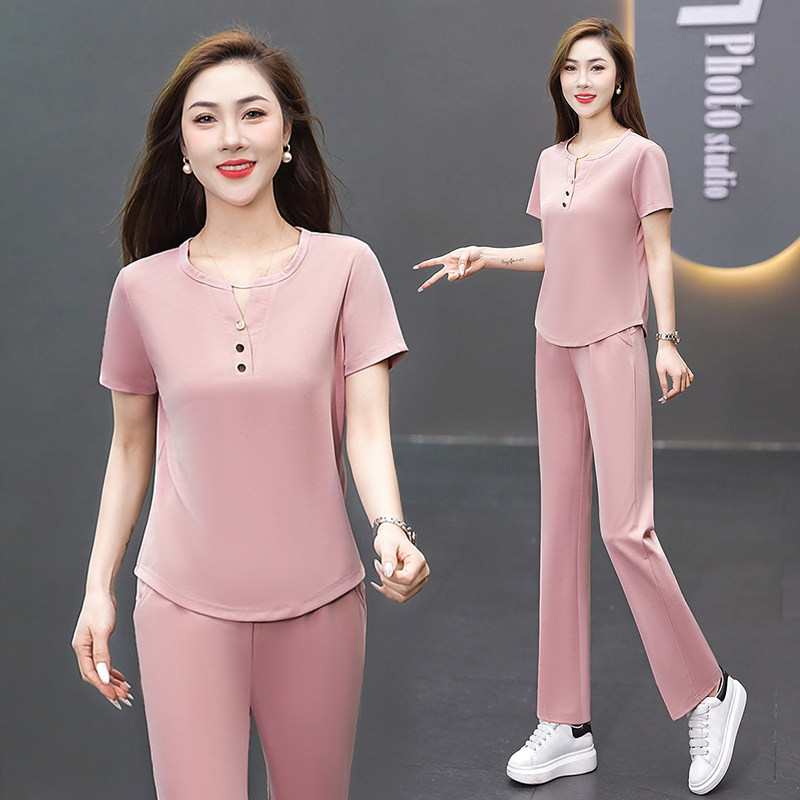 时尚运动套装女士夏季2026新款时尚宽松大码冰丝短袖休闲服两件套