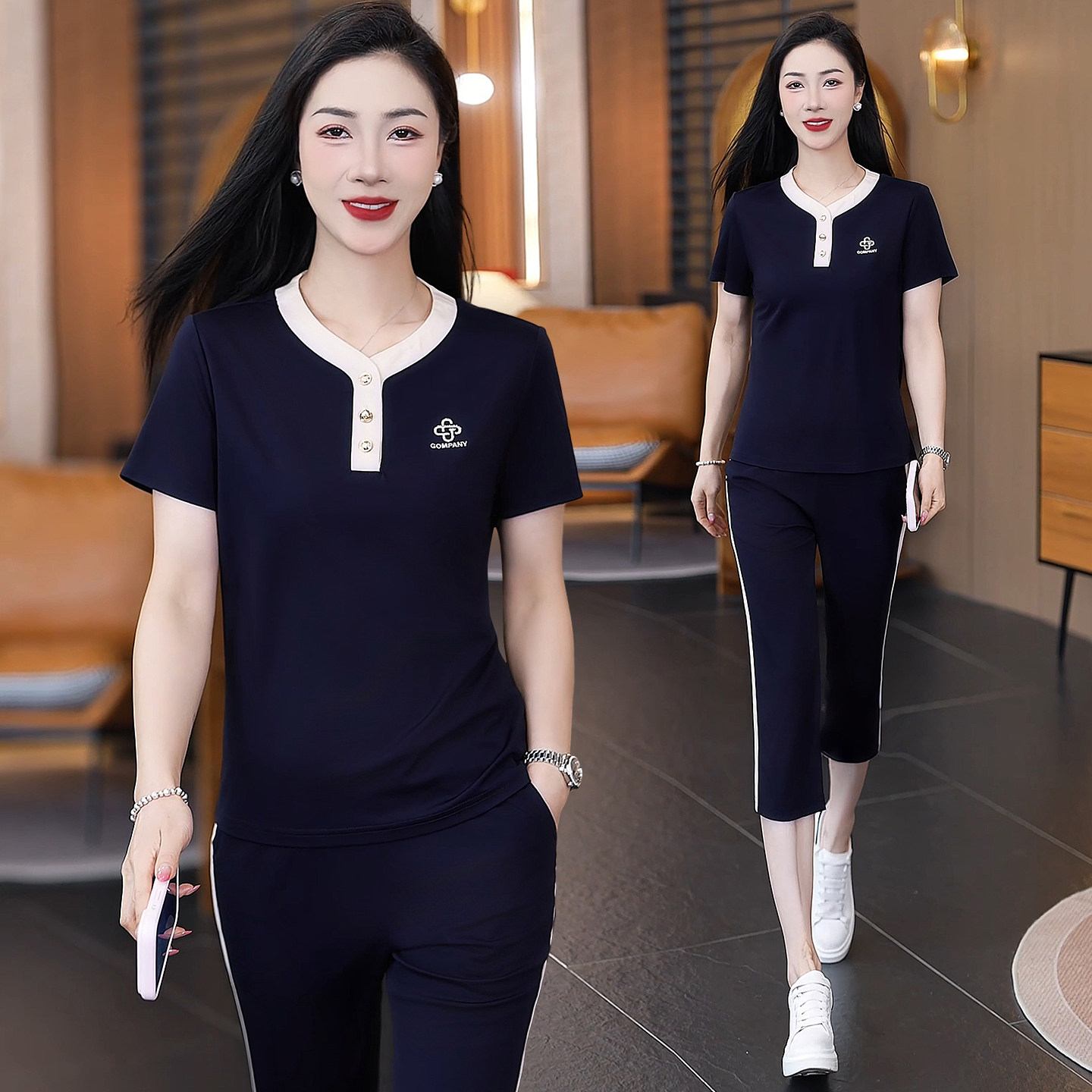 夏季女薄款拼色显瘦运动两件套图片