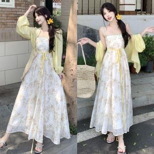 大码 两件套 碎花吊带连衣裙夏季 胖mm海边度假减龄显瘦长裙防晒开衫