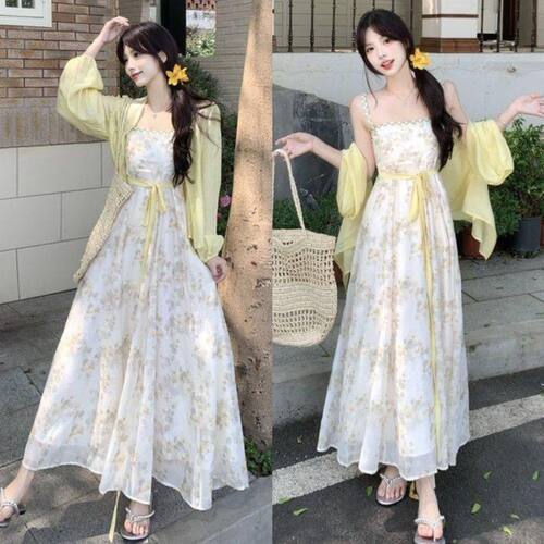 大码碎花吊带连衣裙夏季胖mm海边度假减龄显瘦长裙防晒开衫两件套