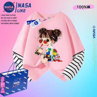NASA联名女童假两件秋装长袖拼接打底衫小学生奶茶女孩印花T恤潮