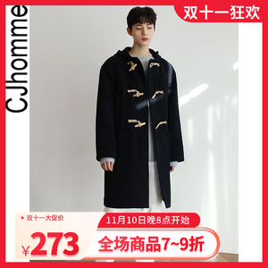 CJHOMME 秋冬外套保暖情侣连帽中长款牛角扣毛呢大衣男士宽松韩版
