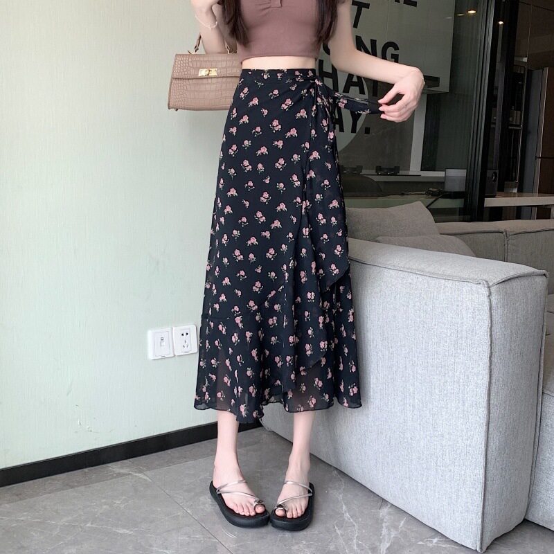 小个子一片式碎花雪纺半身裙女2026春新款a字荷叶边围裙中长裹裙