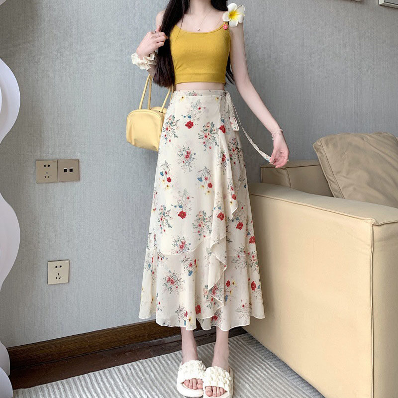 小碎花一片式雪纺半身裙女2025秋季新款包臀不规则系带开叉围裹裙