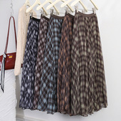 复古印花不规则网纱格子百褶裙女2026春新款 半身裙 A字大摆长款