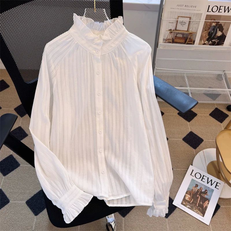 Women's Ruffled Blouse Autumn Simple White Long Sleeve Lotus